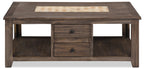 Santa Fe Rustico 47.25" Rustic Coffee Table with Storage and Shelf - Grey Pine with Marble Inset|Table à café rustique Santa Fe Rustico de 47,25 po avec rangement et tablette - pin gris avec incrustation de marbre