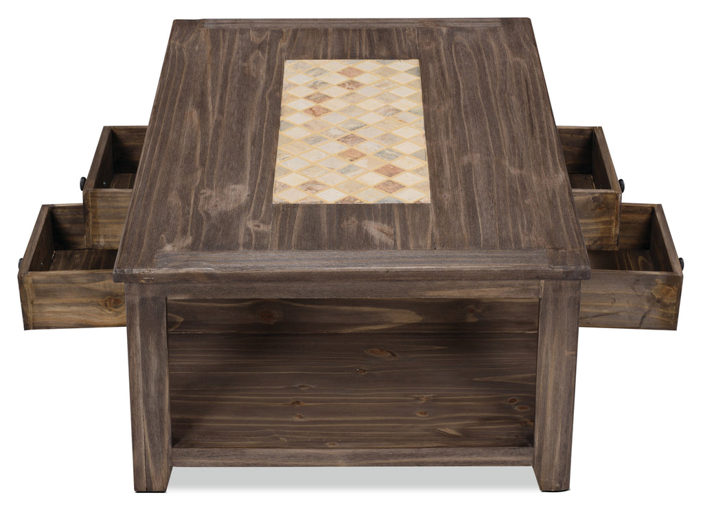 Santa Fe Rustico 47.25" Rustic Coffee Table with Storage and Shelf - Grey Pine with Marble Inset|Table à café rustique Santa Fe Rustico de 47,25 po avec rangement et tablette - pin gris avec incrustation de marbre