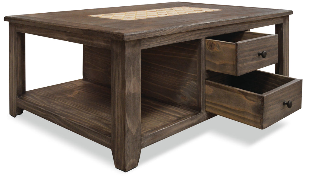 Santa Fe Rustico 47.25" Rustic Coffee Table with Storage and Shelf - Grey Pine with Marble Inset|Table à café rustique Santa Fe Rustico de 47,25 po avec rangement et tablette - pin gris avec incrustation de marbre
