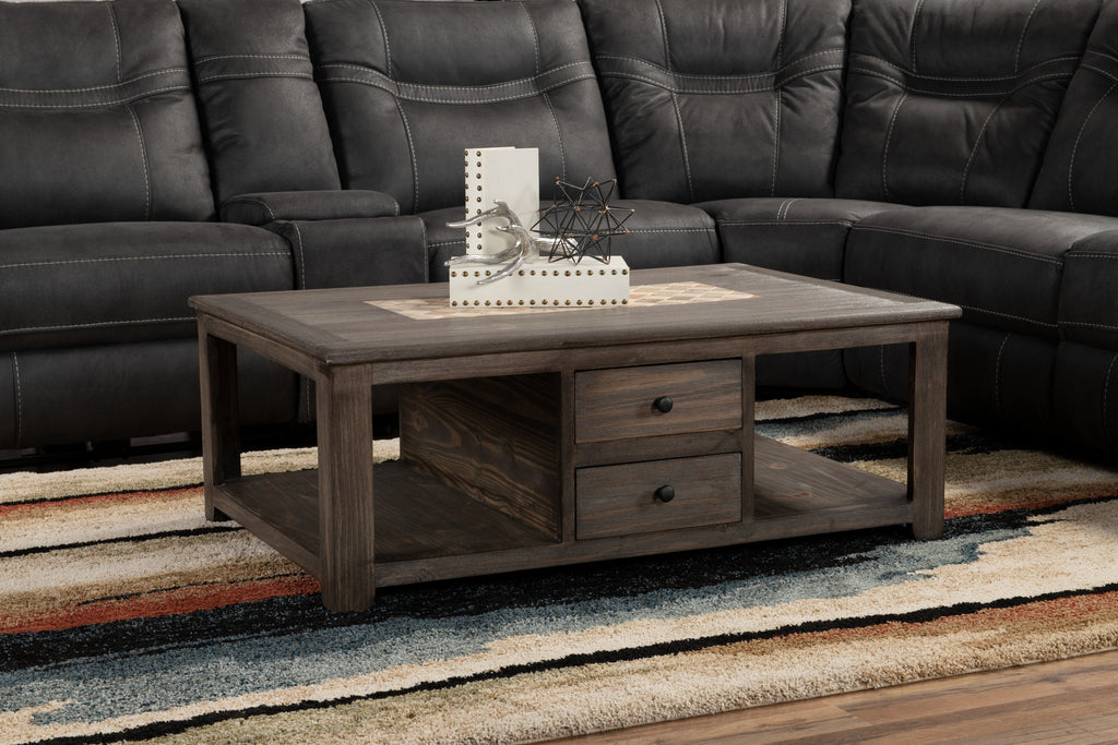 Santa Fe Rustico 47.25" Rustic Coffee Table with Storage and Shelf - Grey Pine with Marble Inset|Table à café rustique Santa Fe Rustico de 47,25 po avec rangement et tablette - pin gris avec incrustation de marbre