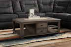 Santa Fe Rustico 47.25" Rustic Coffee Table with Storage and Shelf - Grey Pine with Marble Inset|Table à café rustique Santa Fe Rustico de 47,25 po avec rangement et tablette - pin gris avec incrustation de marbre