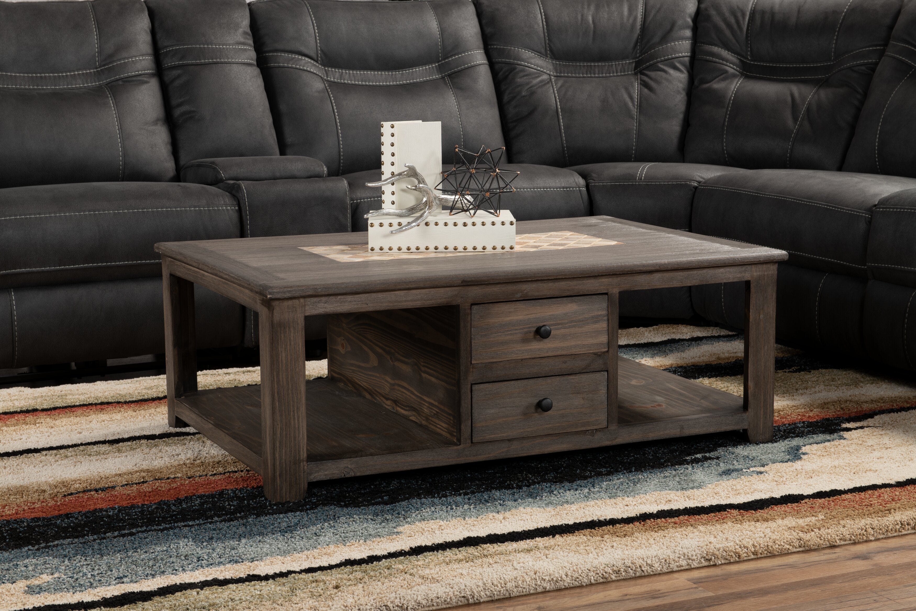 Santa Fe Rustico 47.25" Rustic Coffee Table with Storage and Shelf - Grey Pine with Marble Inset|Table à café rustique Santa Fe Rustico de 47,25 po avec rangement et tablette - pin gris avec incrustation de marbre