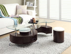 Savon  52.5" Modern S-shaped 3-Pack Coffee + 2 Ottomans with Storage and Shelf - Dark Walnut Wood and Chrome |Ensemble 3 articles modernes en forme de S Savon de 52,5 po (table à café et 2 poufs) avec rangement et tablette - bois noyer foncé et chrome