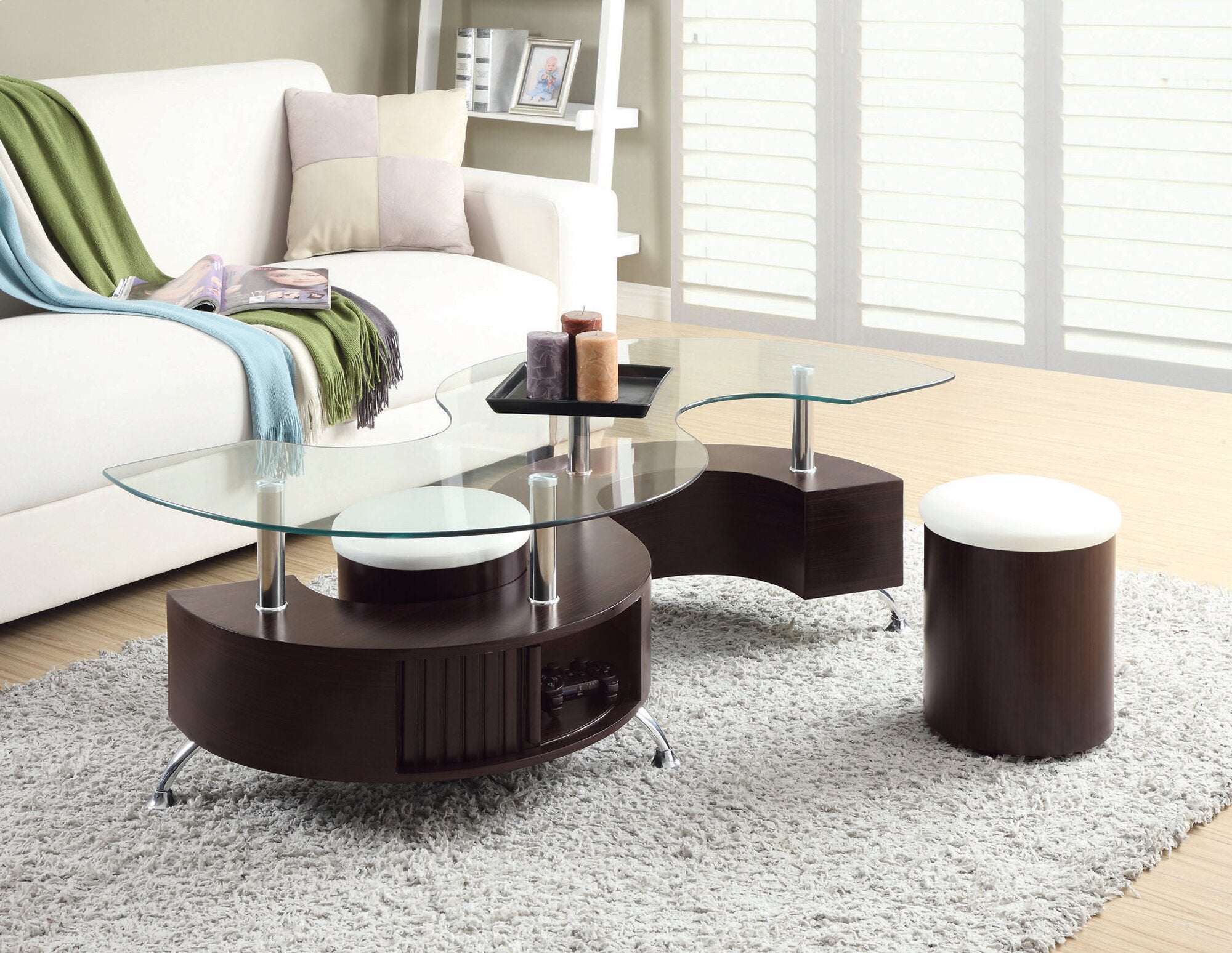 Savon  52.5" Modern S-shaped 3-Pack Coffee + 2 Ottomans with Storage and Shelf - Dark Walnut Wood and Chrome |Ensemble 3 articles modernes en forme de S Savon de 52,5 po (table à café et 2 poufs) avec rangement et tablette - bois noyer foncé et chrome