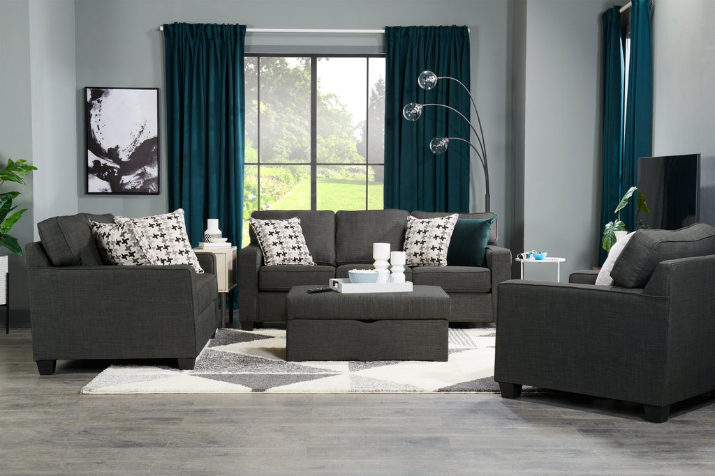 Made in Canada Sawyer 83" Linen-Look Fabric Sofa with Reversible Cushions and Accent Pillows - Charcoal Grey | Sofa Sawyer de 83 po fabriqué au Canada en tissu d’apparence lin avec coussins réversibles et coussins décoratifs - gris anthracite