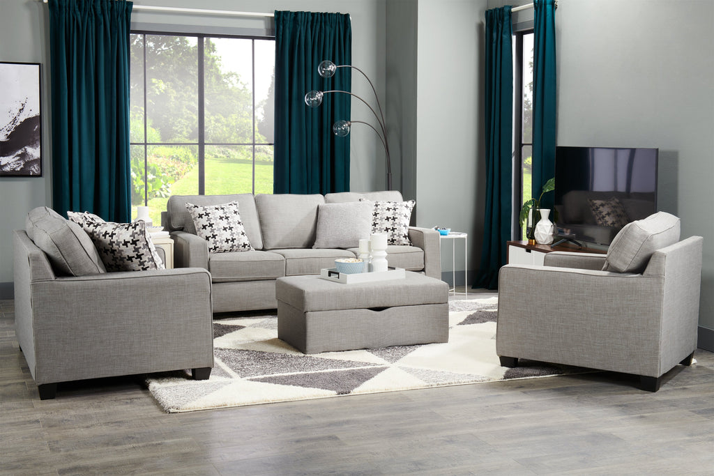 Made in Canada Sawyer 83" Linen-Look Fabric Sofa with Reversible Cushions and Accent Pillows - Light Grey | Sofa Sawyer de 83 po fabriqué au Canada en tissu d’apparence lin avec coussins réversibles et coussins décoratifs - gris clair
