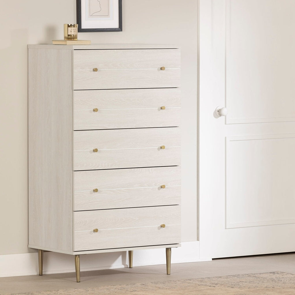 Lake Bedroom Chest of Drawers, 5-Drawer, 29"W x 52"H, Made in Canada, Glam - White | Commode verticale somptueuse Lake de 29 po (L) x 52 po (H) à 5 tiroirs pour la chambre à coucher, fabriquée au Canada - blanche