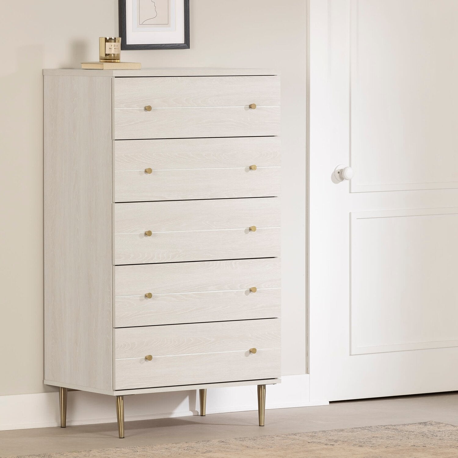 Lake Bedroom Chest of Drawers, 5-Drawer, 29"W x 52"H, Made in Canada, Glam - White | Commode verticale somptueuse Lake de 29 po (L) x 52 po (H) à 5 tiroirs pour la chambre à coucher, fabriquée au Canada - blanche