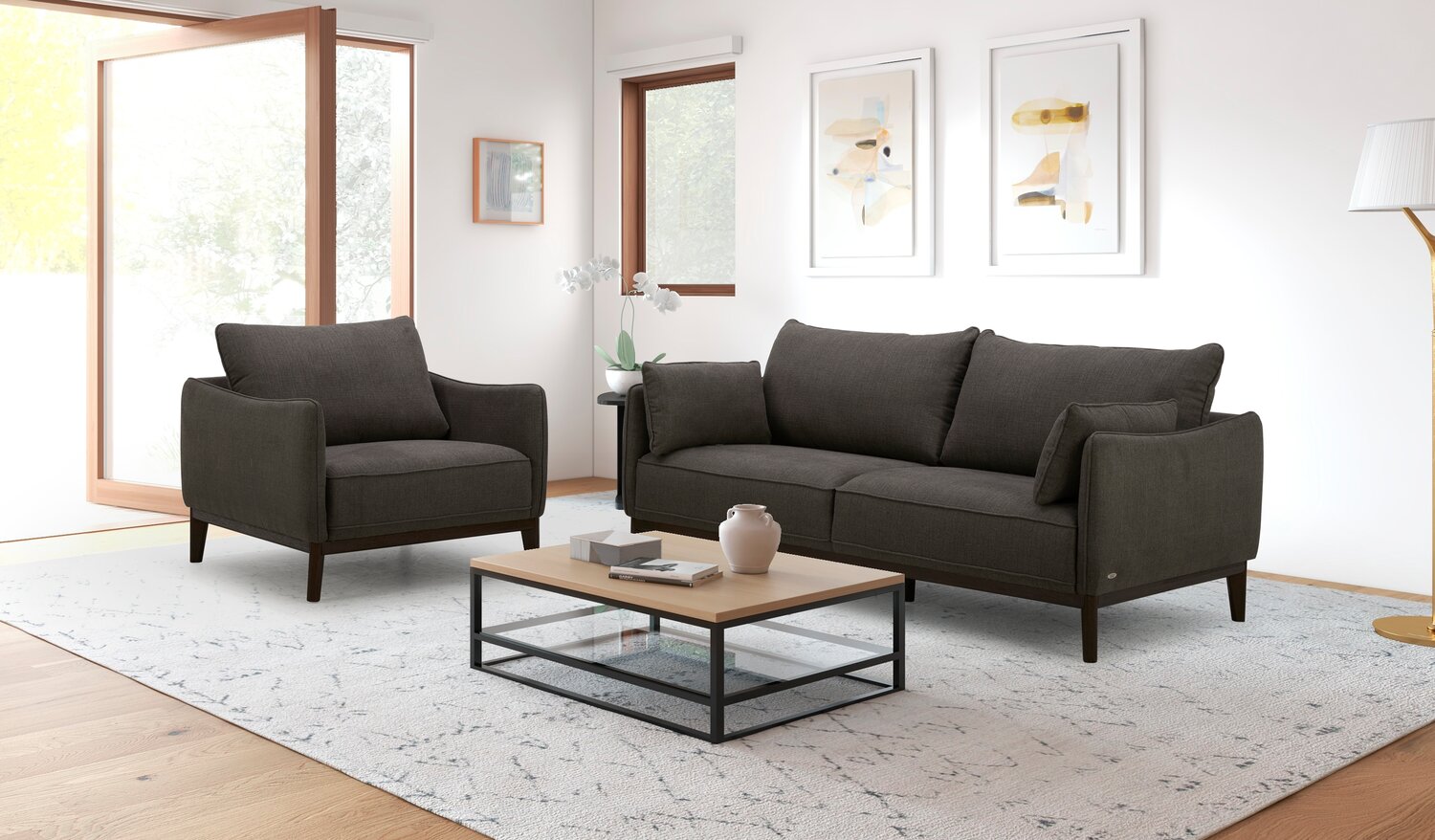 Cindy Crawford Home Gena 78.7" Linen-Look Fabric Condo Size Sofa with Removable Back Cushions - Charcoal Grey | Sofa Gena de Cindy Crawford Home de 78,7 po de format condo en tissu d’apparence lin avec coussins de dossier amovibles - gris anthracite