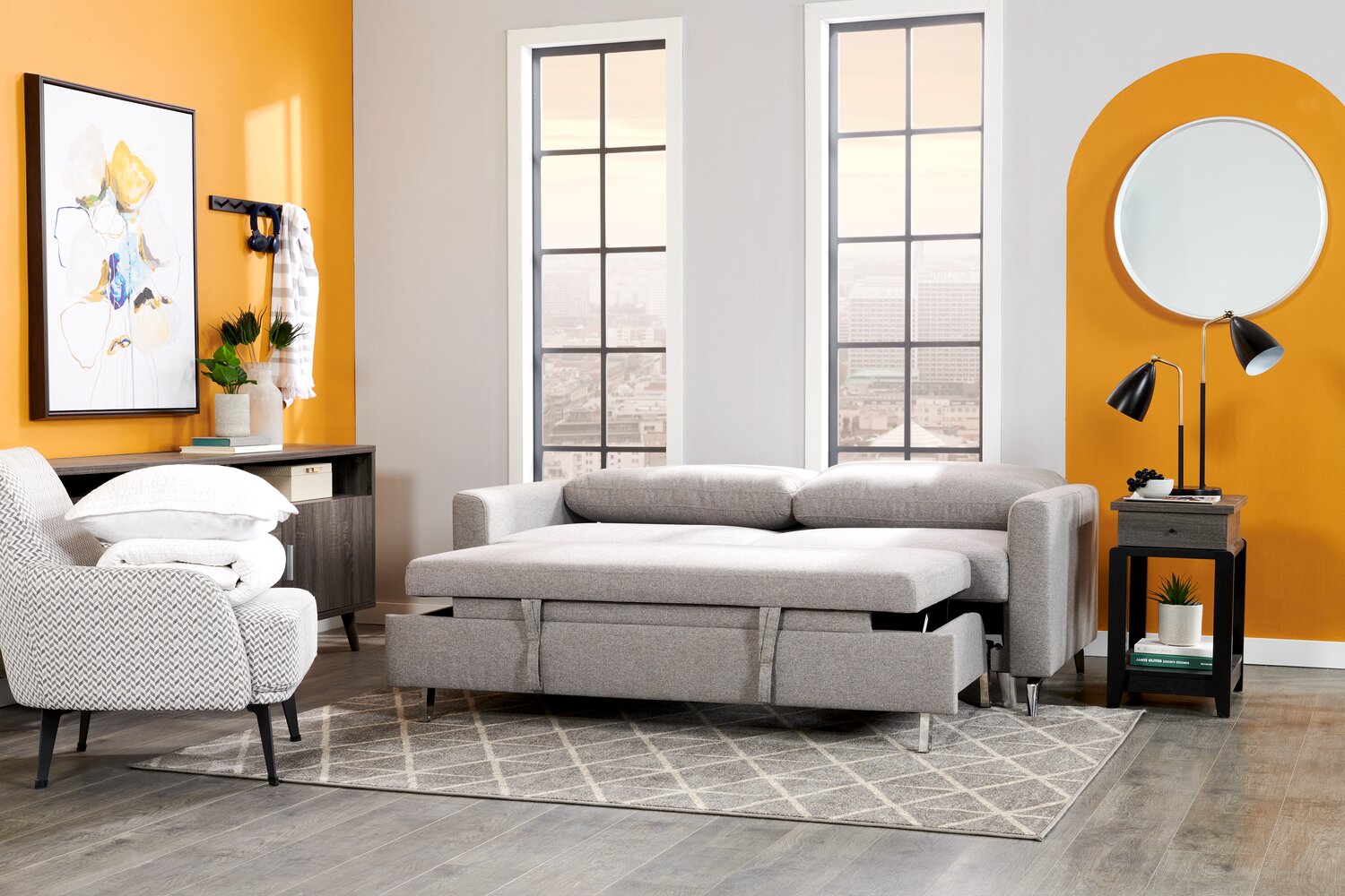 Wilson 77.5" Linen-Look Fabric Sleeper Sofa with Drop-Down Back Cushions and Metal Legs - Solis Grey  | Sofa-lit Wilson de 77,5 po en tissu d’apparence lin avec coussins de dossier rabattables et pattes en métal - gris Solis