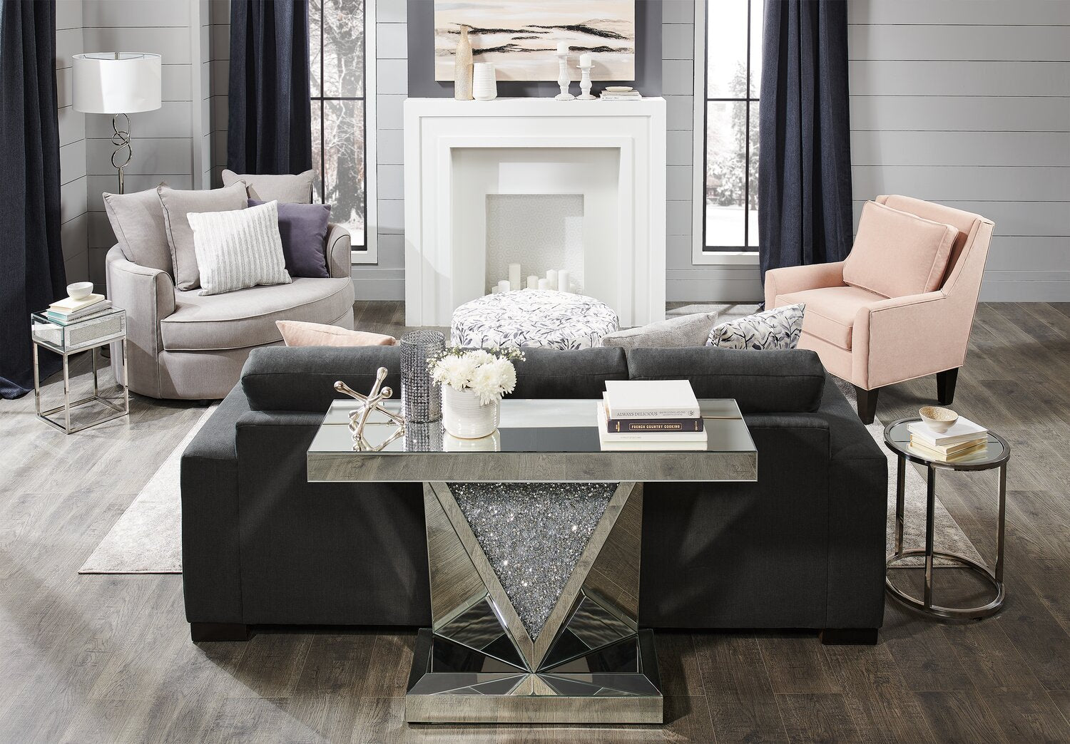 Made in Canada Customizable Sofa Lab Track 85" Linen-Look Fabric Sofa with Track Arms - Pax Pepper Grey | Sofa Track de Sofa Lab de 85 po fabriqué au Canada en tissu d’apparence lin avec accoudoirs rectilignes - gris Pax Pepper | TR102949