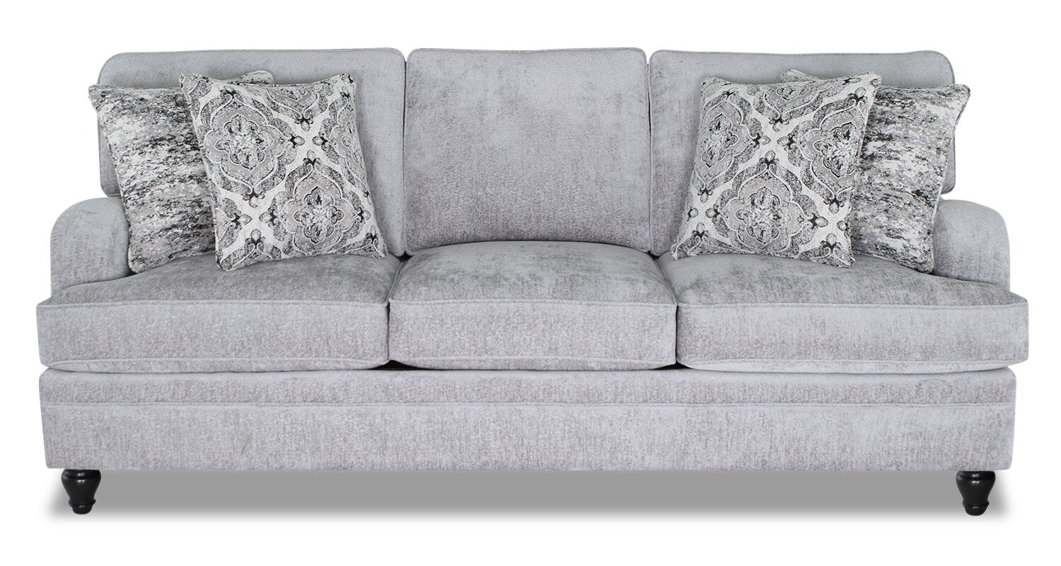 Made in Canada Bellmont 89" Chenille Fabric Sofa with Reversible Cushions and Wood Legs - Platinum Grey | Sofa Bellmont de 89 po fabriqué au Canada en tissu de chenille avec coussins réversibles et pattes en bois - gris platine