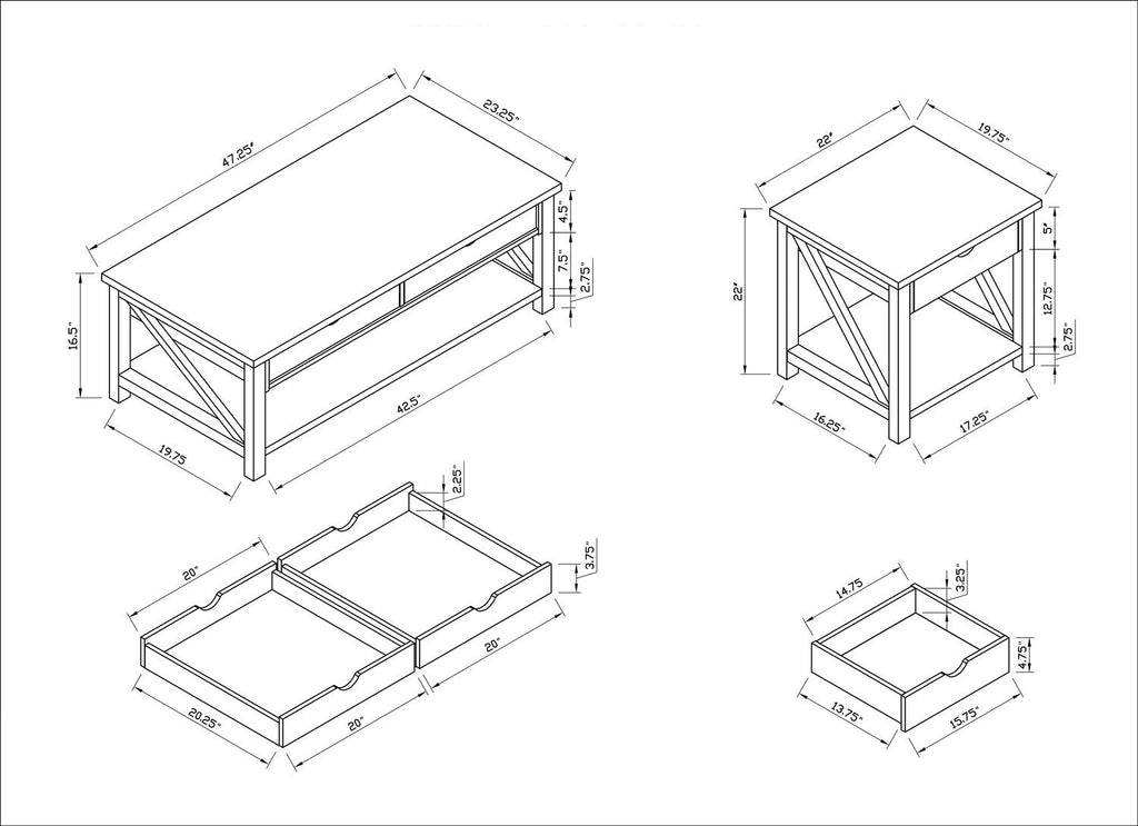 Jake 47.25" Rustic 2-Pack Coffee + End Table with Storage and Shelf - Distressed Grey |2 tables à café rustiques Jake de 47,25 po avec rangement et tablette - gris vieilli