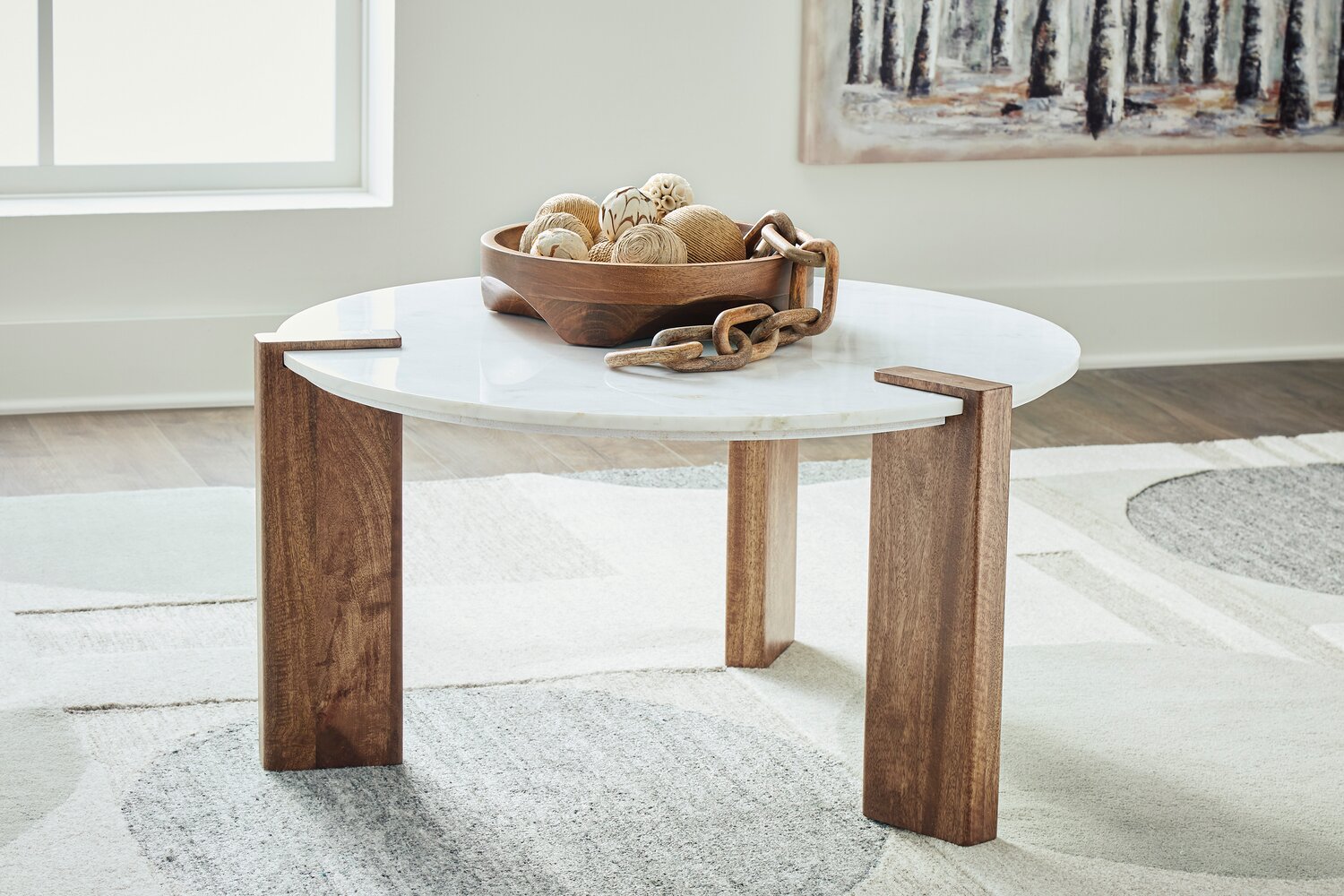 Merlin 33” Round Solid Wood and Marble Coffee Table - White and Brown | Table à café ronde Merlin de 33 po en bois massif et en marbre - blanche et brune
