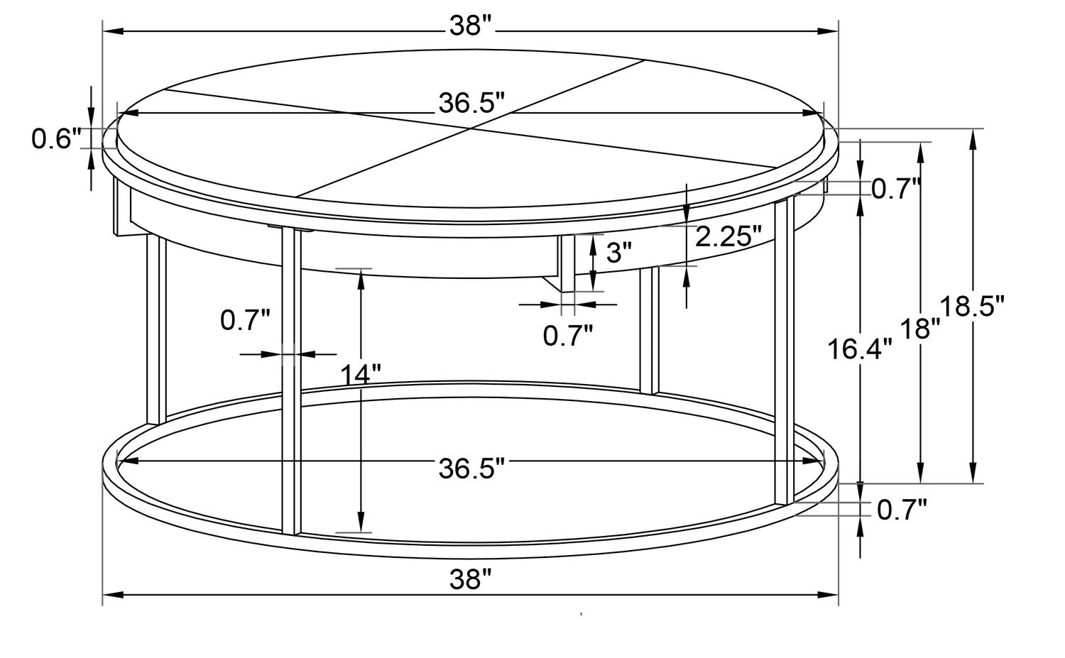 Jaida 38" Modern Round Coffee Table - Brown with Grey Metal Base | Table à café moderne Jaida ronde de 38 po - brune avec base en métal gris