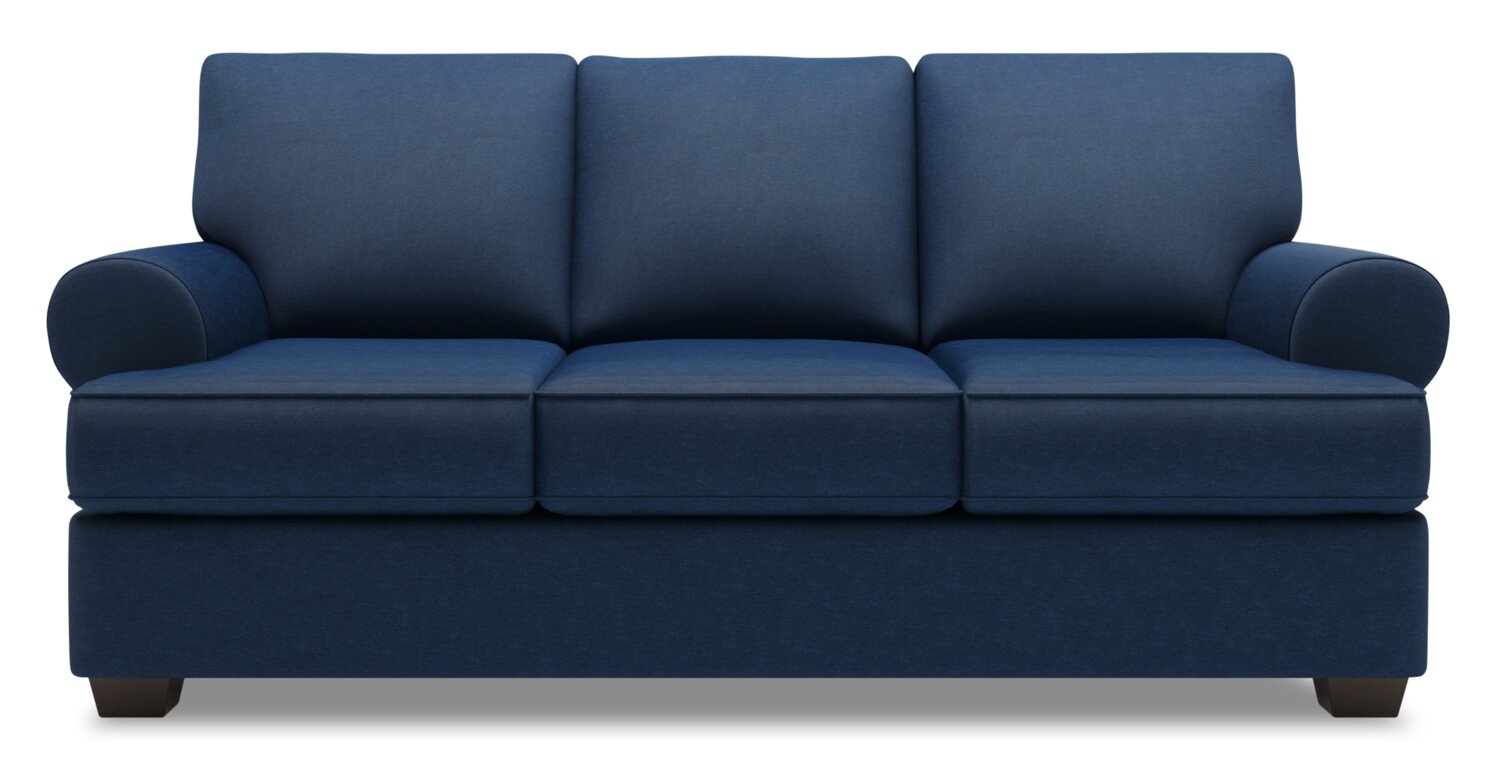 Made in Canada Customizable Sofa Lab Roll 86" Linen-Look Fabric Sofa with Rolled Arms - Pax Navy Blue | Sofa Roll de Sofa Lab de 86 po fabriqué au Canada en tissu d’apparence lin avec accoudoirs enroulés - bleu Pax Navy | RO103149