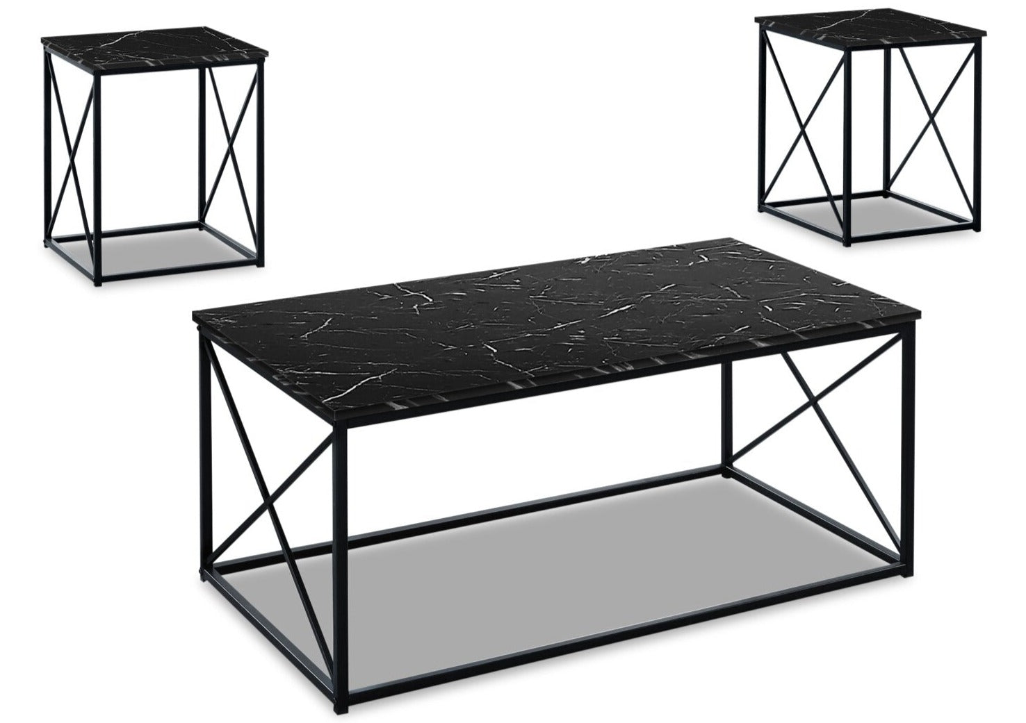 Kasey 42.25" Modern 3-Pack Coffee + 2 End Tables - Black Marble Look with Black Metal Base|Ensemble 3 tables modernes Kasey de 42,25 po (table à café et 2 tables de bout) - imitation de marbre noir avec base en métal noir
