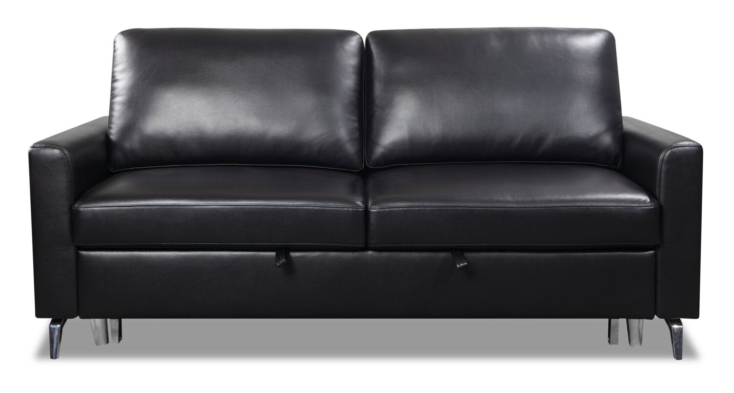 Wilson 77.5" Leather-Look Fabric Sleeper Sofa with Drop-Down Back Cushions and Metal Legs - Black | Sofa-lit Wilson de 77,5 po en tissu d’apparence cuir avec coussins de dossier rabattables et pattes en métal - noir