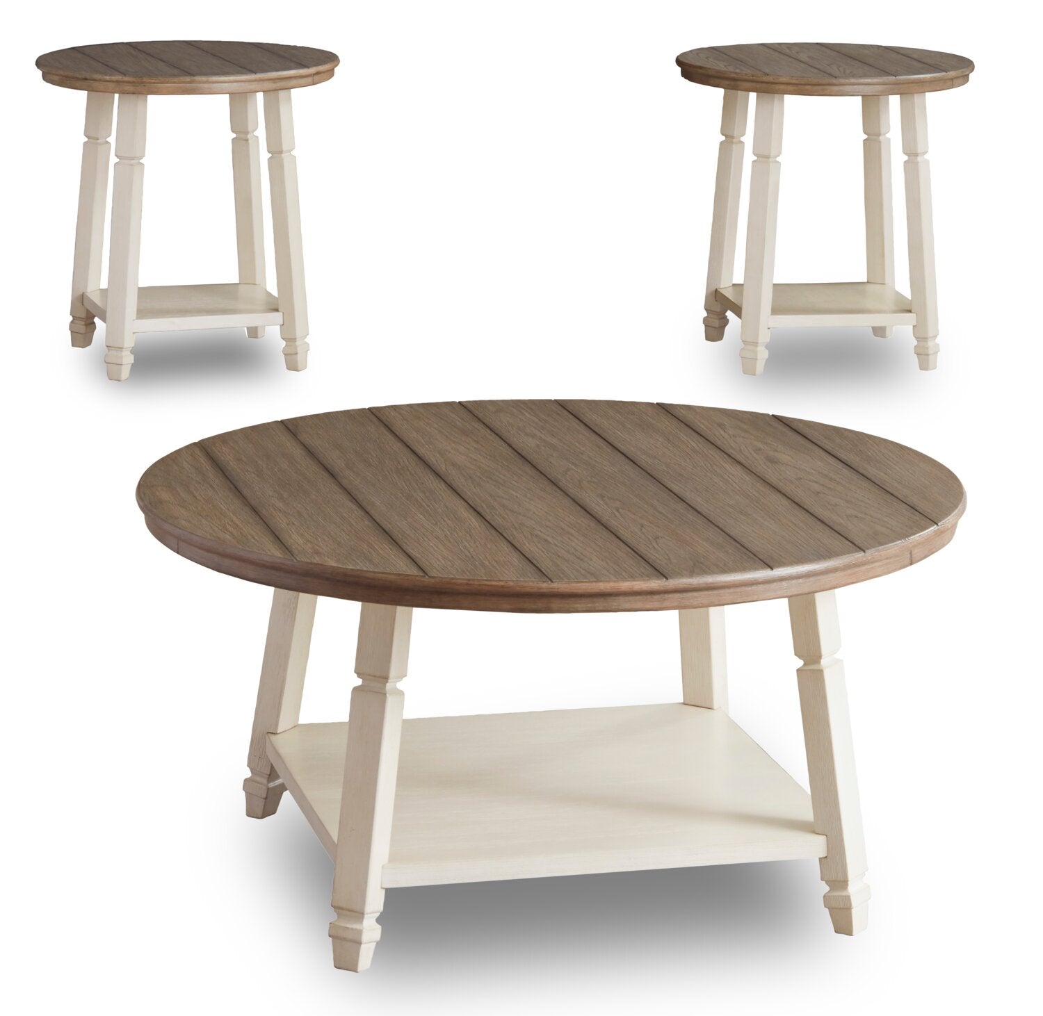 Bolanbrook 40" Rustic Round 3-Pack Coffee + 2 End Tables with Shelf - Two Tone Wood|Ensemble 3 tables rondes rustiques Bolanbrook de 40 po (table à café et 2 tables de bout) avec tablette - bois deux teintes