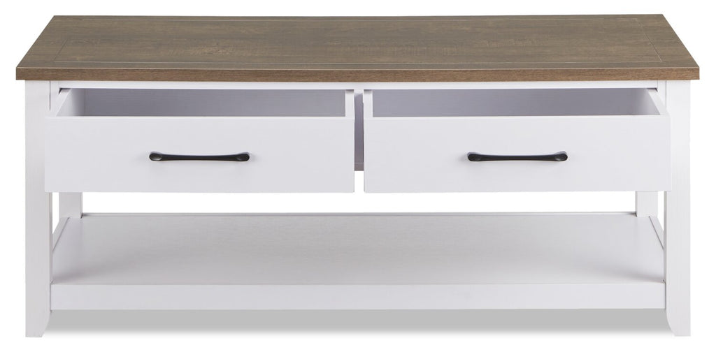 Kort & Co. Logan 23.25" Traditional Coffee Table with Storage and Shelf - White and Walnut Oak |Table à café traditionnelle Logan de Kort & Co. de 23,25 po avec rangement et tablette - blanche et chêne noyer