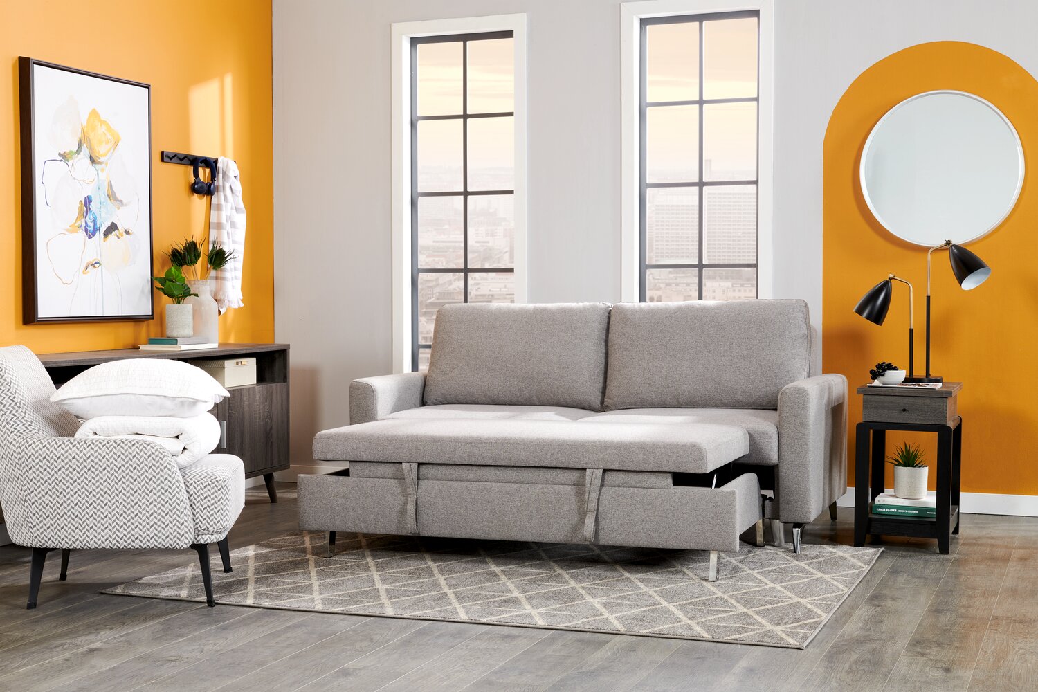 Wilson 77.5" Linen-Look Fabric Sleeper Sofa with Drop-Down Back Cushions and Metal Legs - Solis Grey  | Sofa-lit Wilson de 77,5 po en tissu d’apparence lin avec coussins de dossier rabattables et pattes en métal - gris Solis