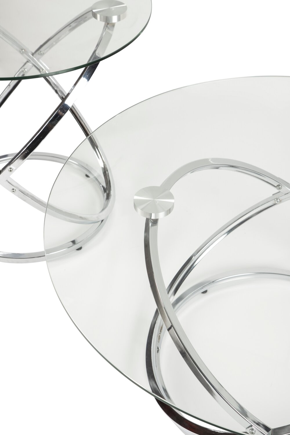 Hollynx 38" Glam Round 3-Pack Coffee + 2 End Tables - Silver Metal Base with Glass Top|Ensemble 3 tables rondes somptueuses Hollynx de 38 po (table à café et 2 tables de bout) - base en métal argenté avec dessus en verre