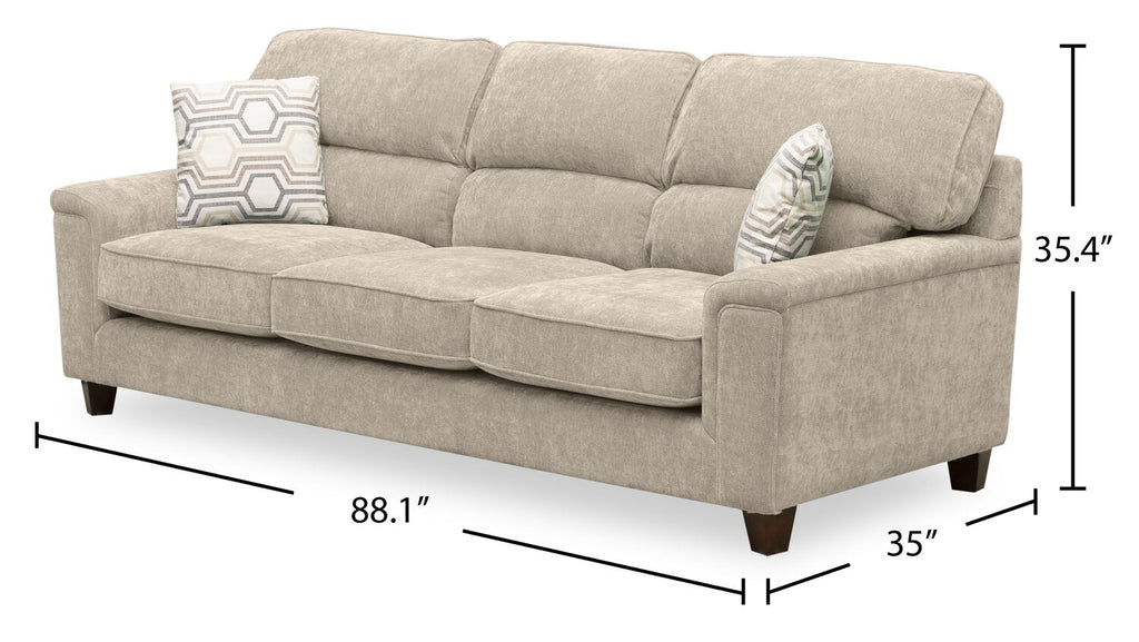 Lyric 88.1" Chenille Fabric Sofa with Reversible Seat Cushions, Accent Pillows and Wood Legs - Taupe | Sofa Lyric de 88,1 po en tissu de chenille avec coussins de siège réversibles, coussins décoratifs et pattes en bois - taupe