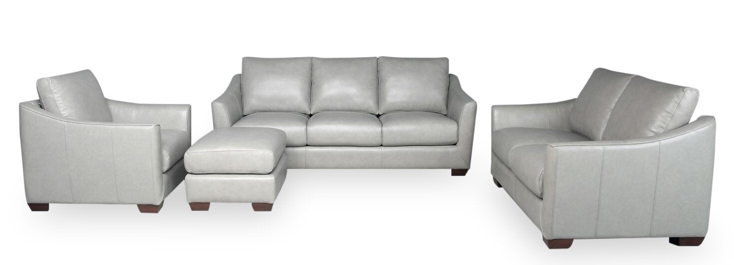 Cindy Crawford Home Royce 84" Genuine Leather Sofa with Removable Cushions and Wood Legs - Dove Grey | Sofa Royce de Cindy Crawford Home de 84 po en cuir véritable avec coussins amovibles et pattes en bois - gris tourterelle