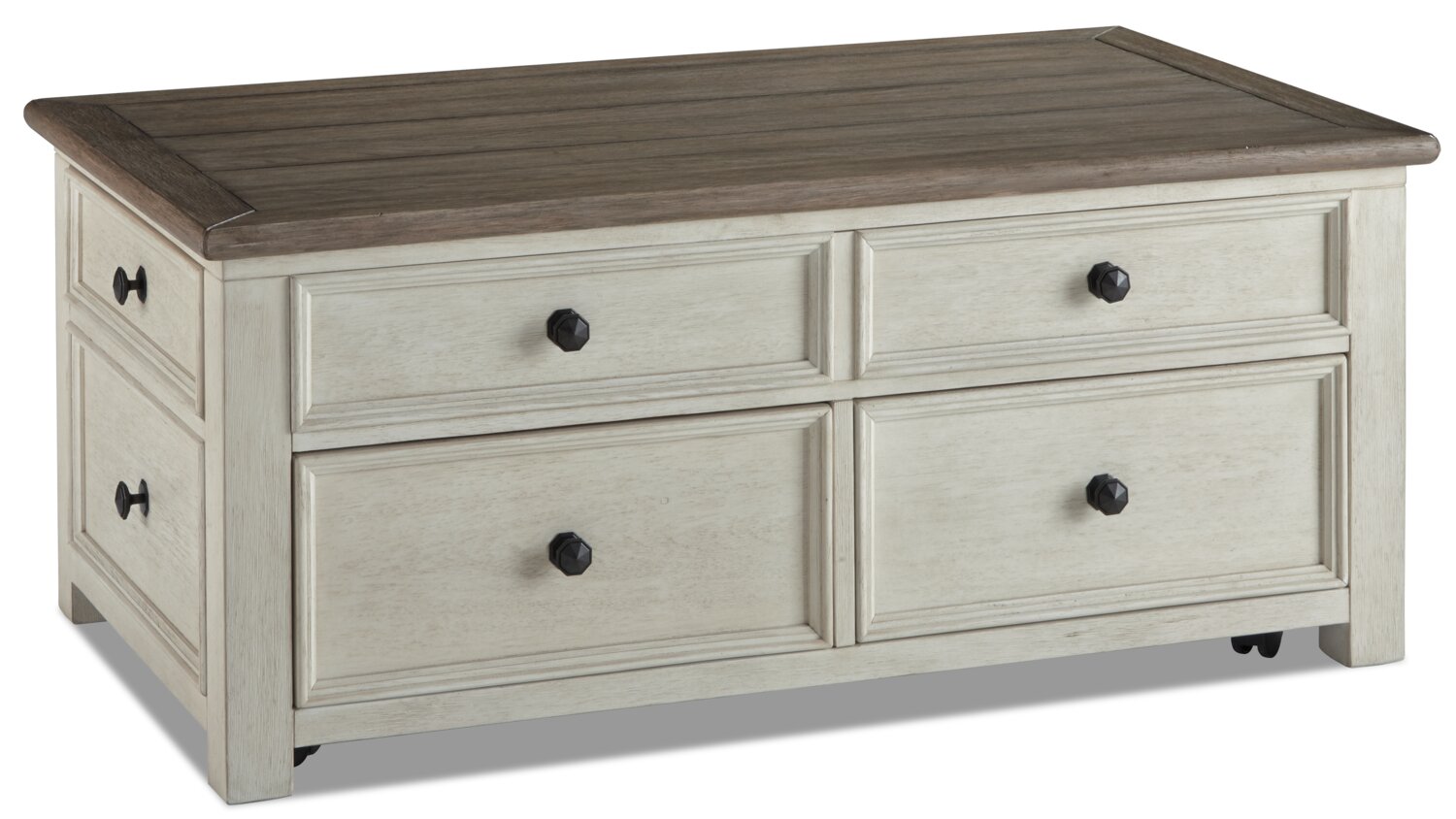 Colby 46" Rustic Lift Top Coffee Table with Storage and Casters - Two Tone Wood|Table à café rustique Colby de 46 po avec dessus relevable, rangement et roulettes - bois deux teintes