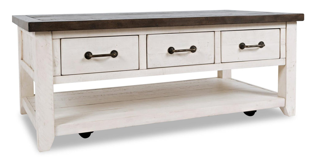 Morgan 48" Rustic Coffee Table With Storage, Shelf and Casters - White with Reclaimed Wood|Table à café rustique Morgan de 48 po avec rangement, tablette et roulettes - blanche avec bois recyclé