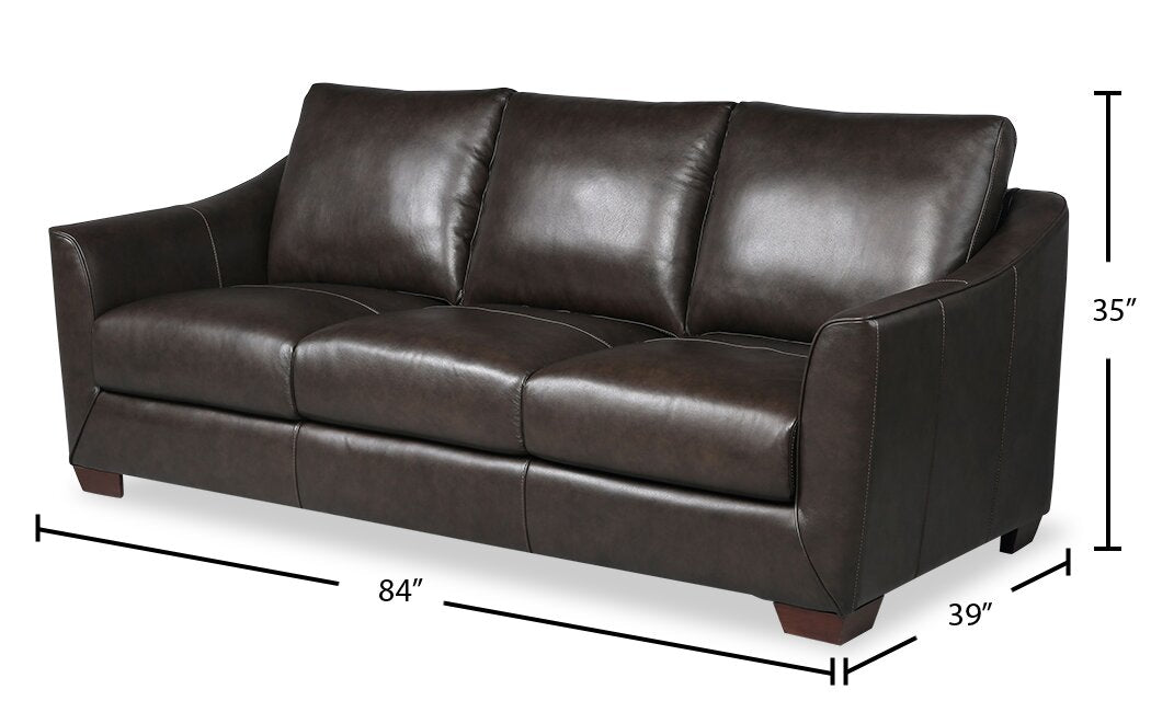 Cindy Crawford Home Royce 84" Genuine Leather Sofa with Removable Cushions and Wood Legs - Chocolate Brown | Sofa Royce de Cindy Crawford Home de 84 po en cuir véritable avec coussins amovibles et pattes en bois - brun chocolat