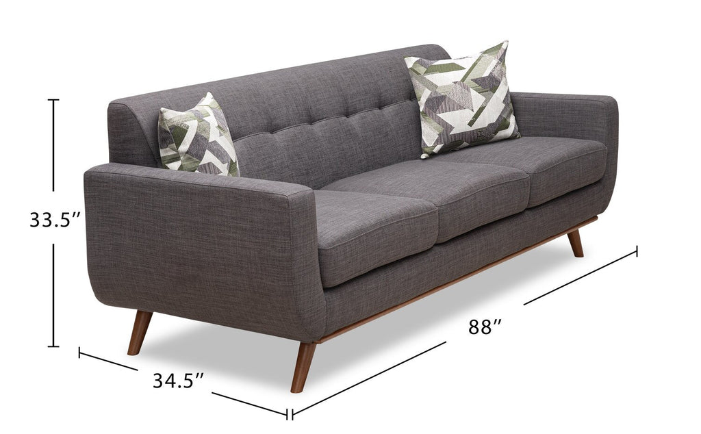 Kort & Co. Freeman 88" Linen-Look Fabric Sofa with Wood Base and Tufted Back Cushions - Charcoal Grey | Sofa Freeman Kort & Co. de 88 po en tissu d’apparence lin avec pattes en bois et coussins de dossier capitonnés - gris anthracite