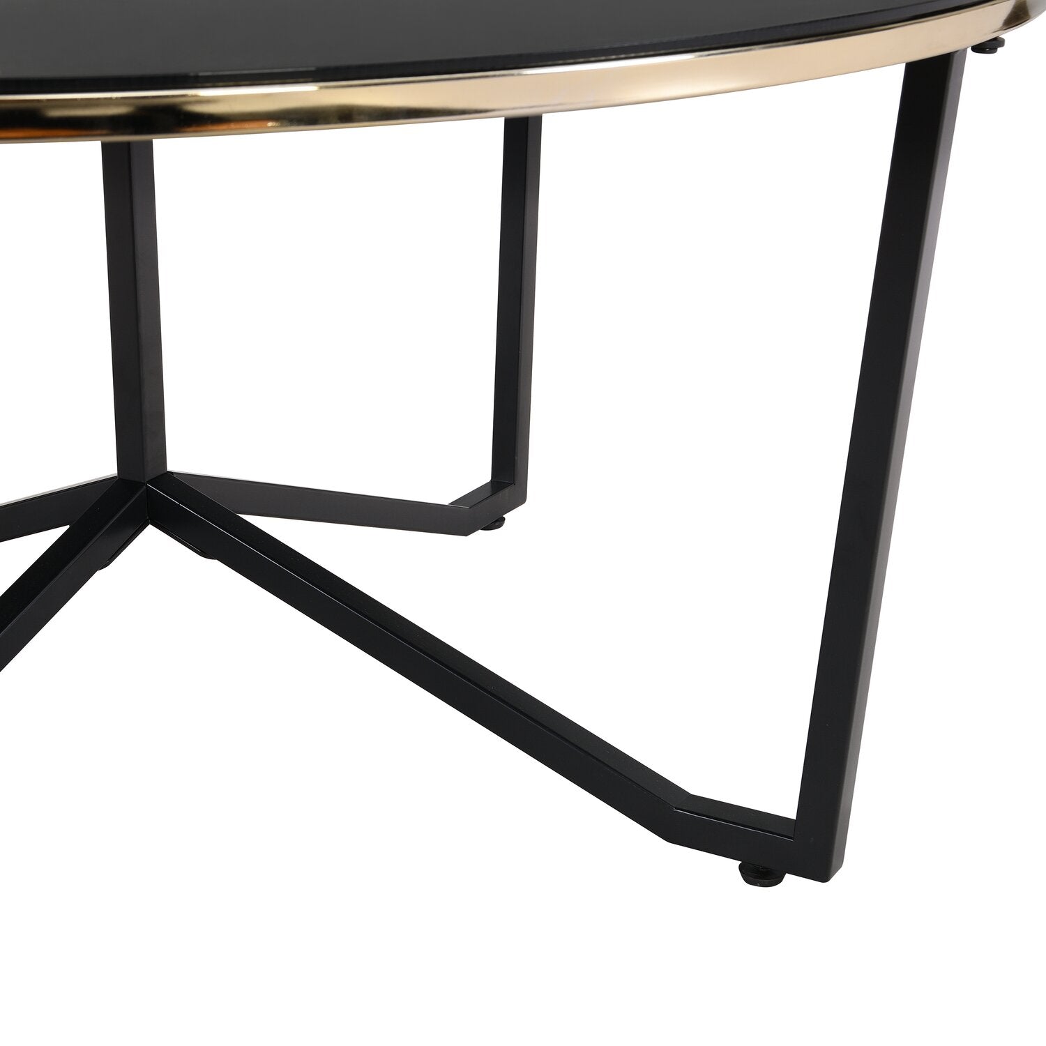 Xander 36" Modern Round Glass Top Coffee Table - Black and Gold with Metal Legs|Table à café ronde moderne Xander de 36 po avec dessus en verre - noire et dorée avec pattes en métal