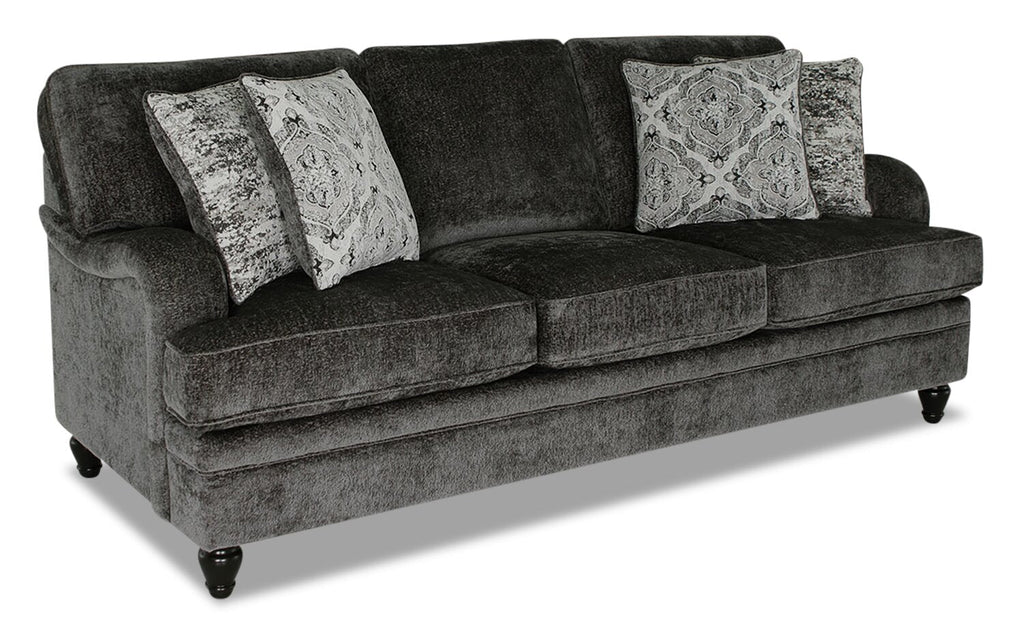 Made in Canada Bellmont 89" Chenille Fabric Sofa with Reversible Cushions and Wood Legs - Charcoal Grey | Sofa Bellmont de 89 po fabriqué au Canada en tissu de chenille avec coussins réversibles et pattes en bois - gris anthracite