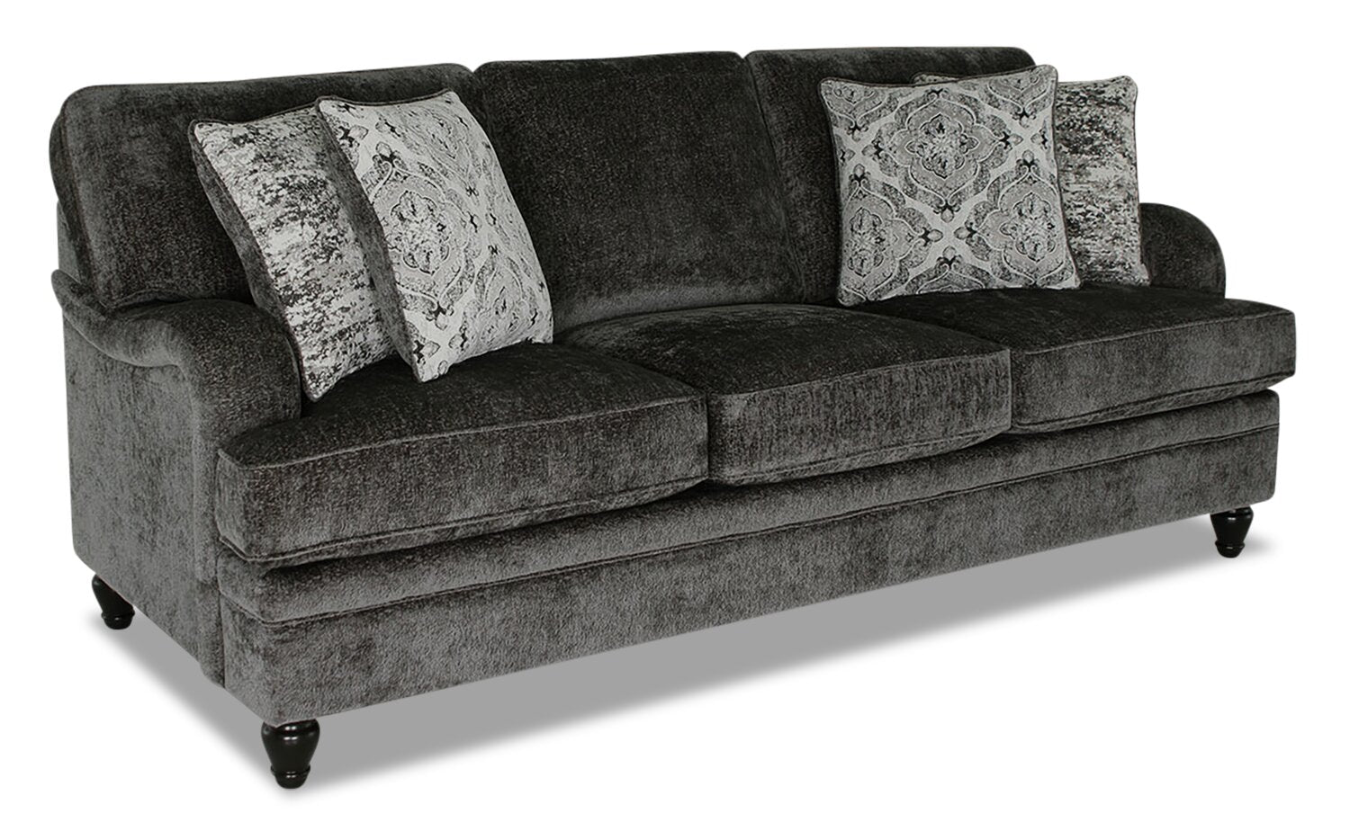Made in Canada Bellmont 89" Chenille Fabric Sofa with Reversible Cushions and Wood Legs - Charcoal Grey | Sofa Bellmont de 89 po fabriqué au Canada en tissu de chenille avec coussins réversibles et pattes en bois - gris anthracite