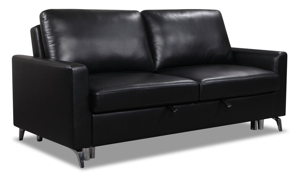 Wilson 77.5" Leather-Look Fabric Sleeper Sofa with Drop-Down Back Cushions and Metal Legs - Black | Sofa-lit Wilson de 77,5 po en tissu d’apparence cuir avec coussins de dossier rabattables et pattes en métal - noir