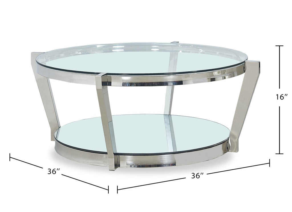 Yonge 36" Modern Round Glass Top Coffee Table with Shelf - Chrome Finish with Stainless Steel | Table à café ronde moderne Yonge de 36 po avec dessus en verre et tablette - fini chromé avec acier inoxydable