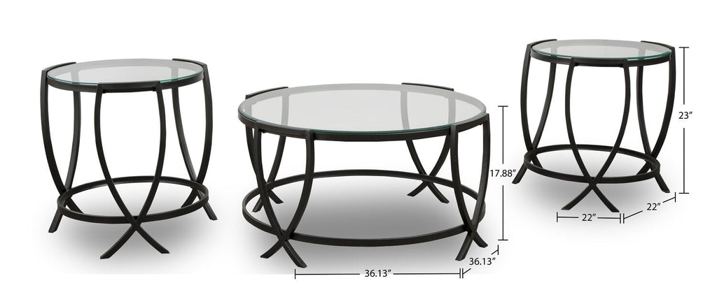 Tarrin 36.13" Modern Round 3-Pack Coffee + 2 End Tables - Glass Top with Metal Legs|Ensemble 3 tables rondes modernes Tarrin de 36,13 po (table à café et 2 tables de bout) - dessus en verre avec pattes en métal