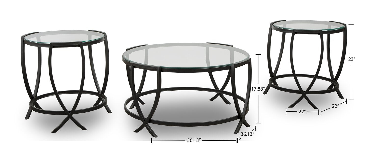 Tarrin 36.13" Modern Round 3-Pack Coffee + 2 End Tables - Glass Top with Metal Legs|Ensemble 3 tables rondes modernes Tarrin de 36,13 po (table à café et 2 tables de bout) - dessus en verre avec pattes en métal