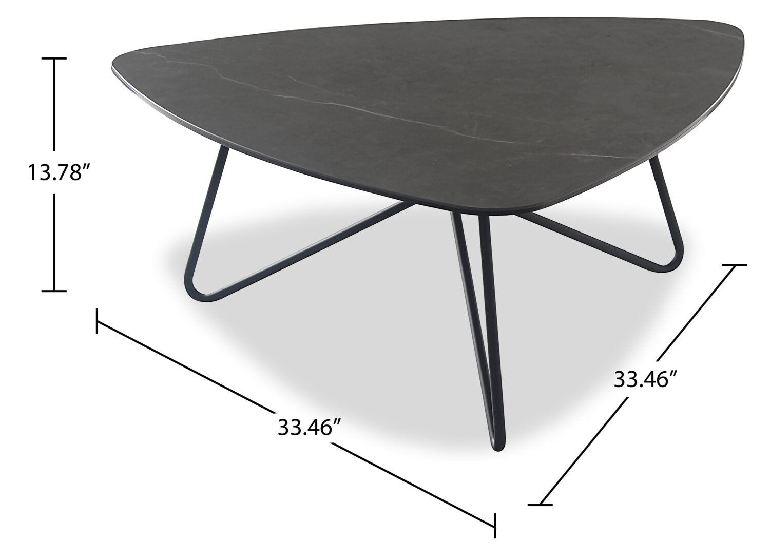 Hamilton 37.99" Modern Triangular Coffee Table - Grey Marble Look Top with Black Metal Legs|Table à café triangulaire moderne Hamilton de 37,99 po - dessus en imitation de marbre gris avec pattes en métal noir