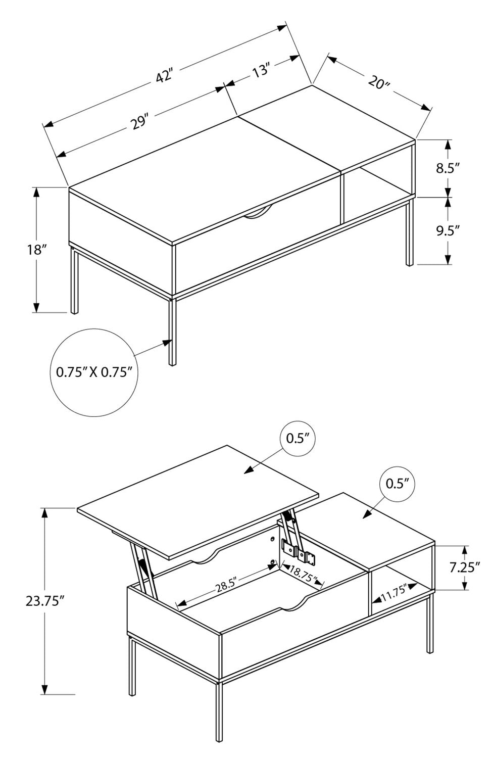 Bence 42" Modern Lift Top Coffee Table with Storage - Taupe with Black Metal Legs|Table à café moderne Bence de 42 po avec dessus relevable et rangement - taupe avec pattes en métal noir