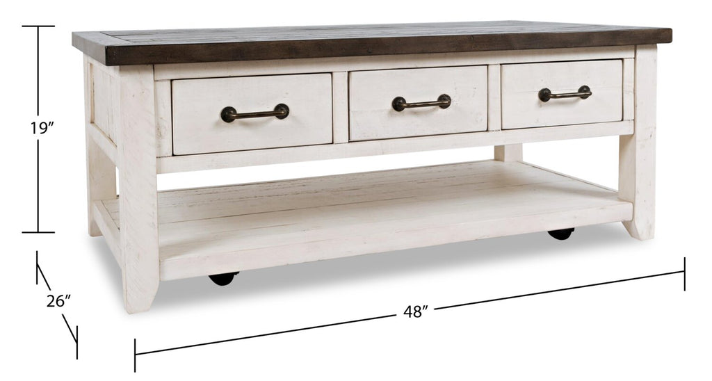 Morgan 48" Rustic Coffee Table With Storage, Shelf and Casters - White with Reclaimed Wood|Table à café rustique Morgan de 48 po avec rangement, tablette et roulettes - blanche avec bois recyclé