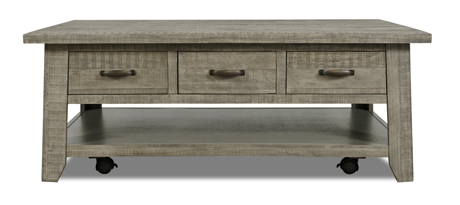 Colson 50" Rustic Coffee Table with Storage, Shelf and Casters - Driftwood |Table à café rustique Colson de 50 po avec rangement, tablette et roulettes - bois de grève