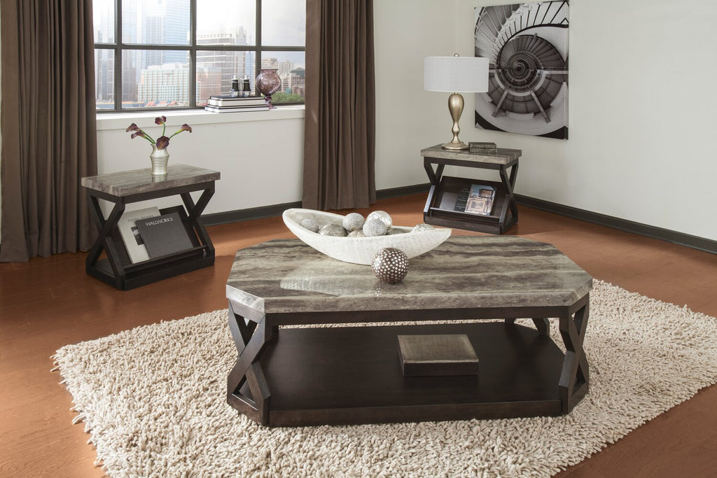 Radilyn 48.13" Traditional 3-Pack Coffee + 2 End Tables with Shelf and Casters - Faux Marble Top wit|Ensemble 3 tables traditionnelles Radilyn de 48,13 po (table à café et 2 tables de bout) avec tablet