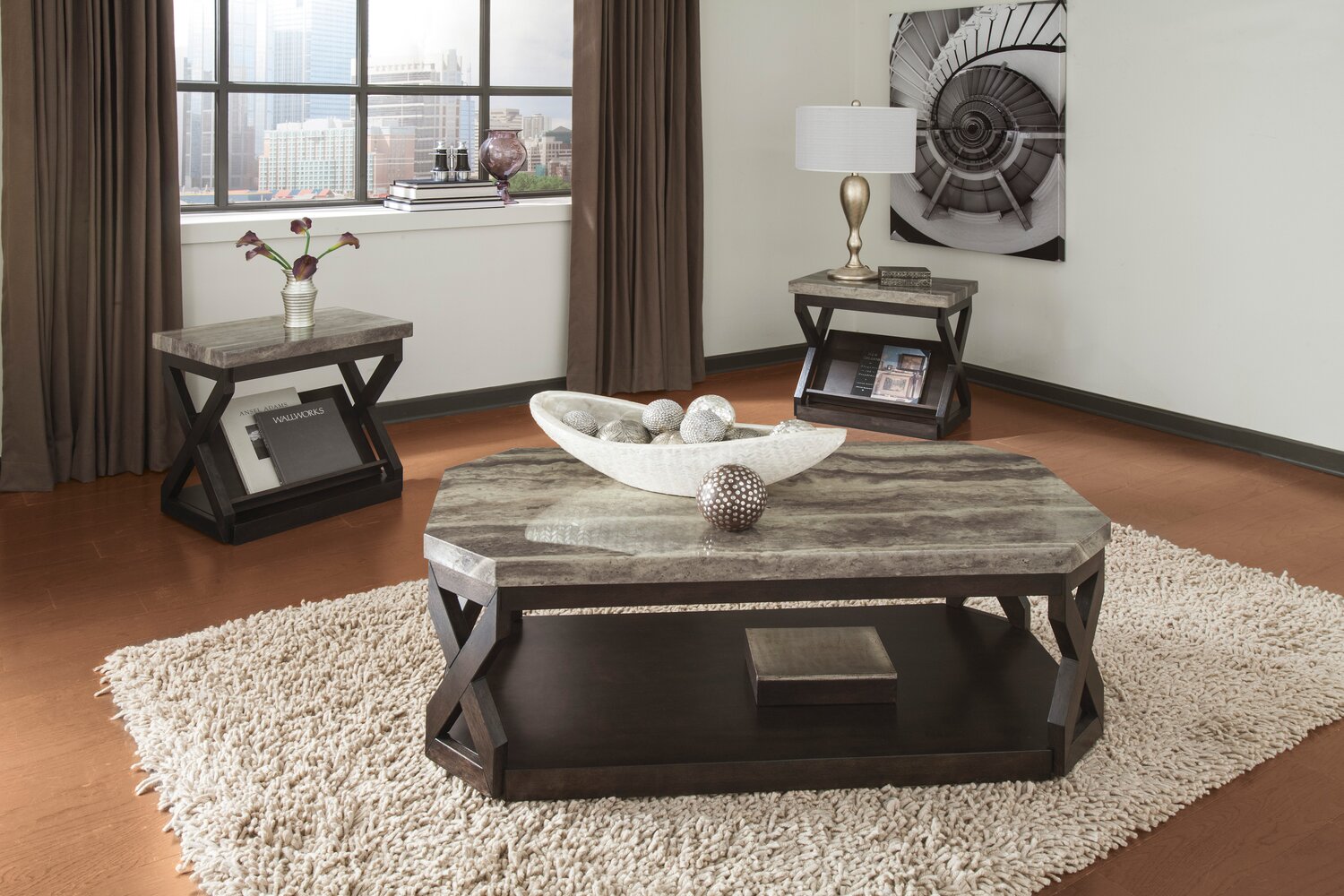 Radilyn 48.13" Traditional 3-Pack Coffee + 2 End Tables with Shelf and Casters - Faux Marble Top wit|Ensemble 3 tables traditionnelles Radilyn de 48,13 po (table à café et 2 tables de bout) avec tablet