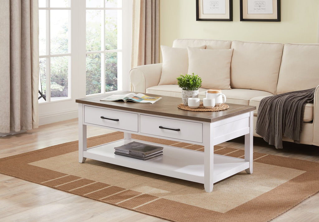 Kort & Co. Logan 23.25" Traditional Coffee Table with Storage and Shelf - White and Walnut Oak |Table à café traditionnelle Logan de Kort & Co. de 23,25 po avec rangement et tablette - blanche et chêne noyer