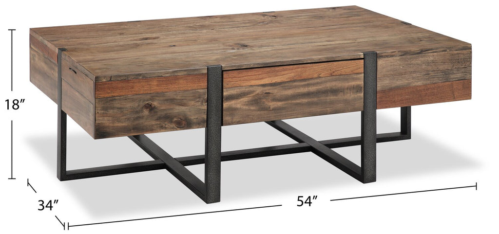 Manchester 54" Rustic Coffee Table with Storage - Brown Wood with Iron Base|Table à café rustique Manchester de 54 po avec rangement - bois brun avec base en fer