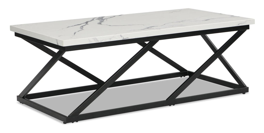 Verona 47.25" Modern Coffee Table - White Marble Look with Black Metal Base|Table à café moderne Verona de 47,25 po - imitation de marbre blanc avec base en métal noir
