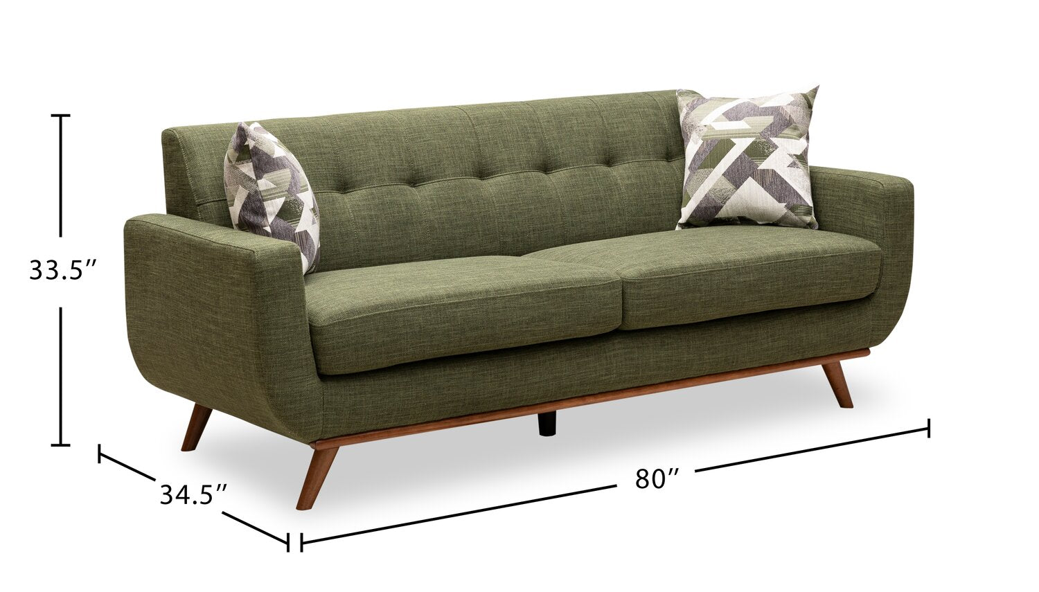Kort & Co. Freeman 80” Linen-Look Fabric Condo Size Sofa with Wood Legs - Avocado Green | Sofa Freeman de Kort & Co. de 80 po de format condo en tissu d’apparence lin avec base et pattes en bois - vert avocat