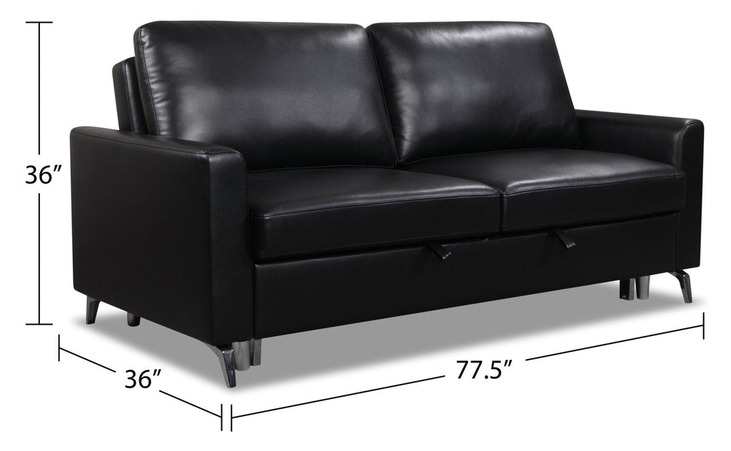 Wilson 77.5" Leather-Look Fabric Sleeper Sofa with Drop-Down Back Cushions and Metal Legs - Black | Sofa-lit Wilson de 77,5 po en tissu d’apparence cuir avec coussins de dossier rabattables et pattes en métal - noir